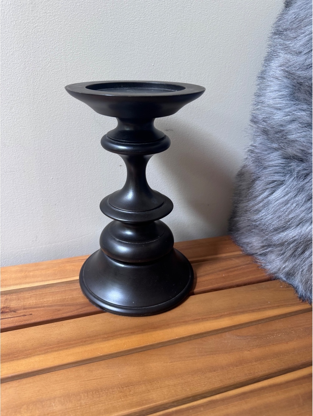 Pottery Barn Black Turned Wood Pillar Candle Holder 10" Tall Farmhouse Decor